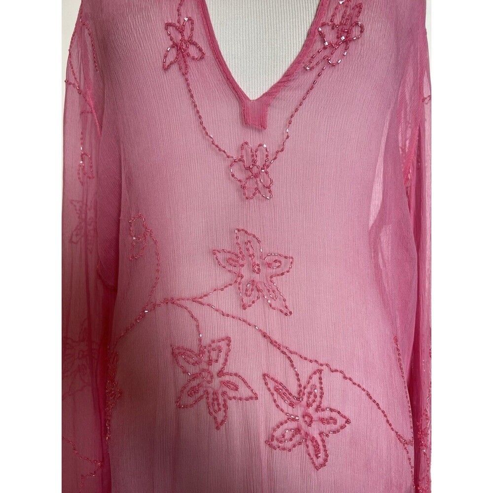 Eden Rock X PatBo St. Barths Beach Cover-up Silk Pink Beaded Sheer Dress Swim M - Picture 3 of 10